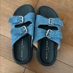 Marc Fisher Ltd Agusta Denim Blue Studded Slides size 7